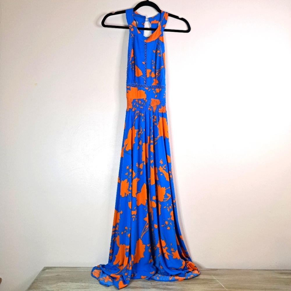 ANTHROPOLOGIE Abel the Label, M, blue oarnge floral empire waist, halter dress